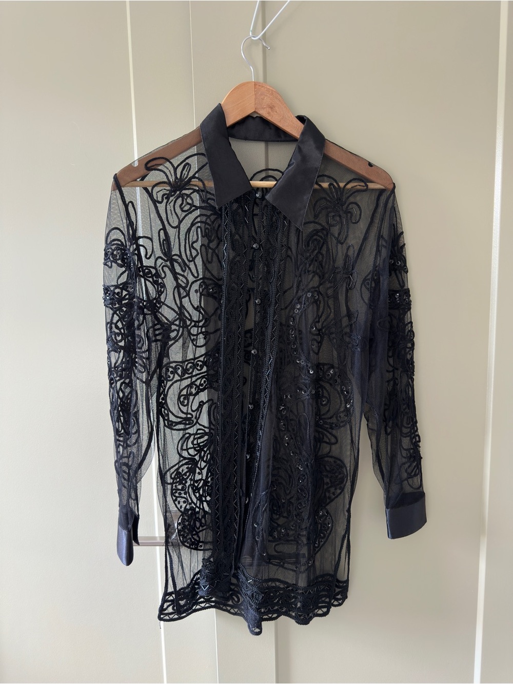 Sheer Embroidered Black Button-Up Blouse